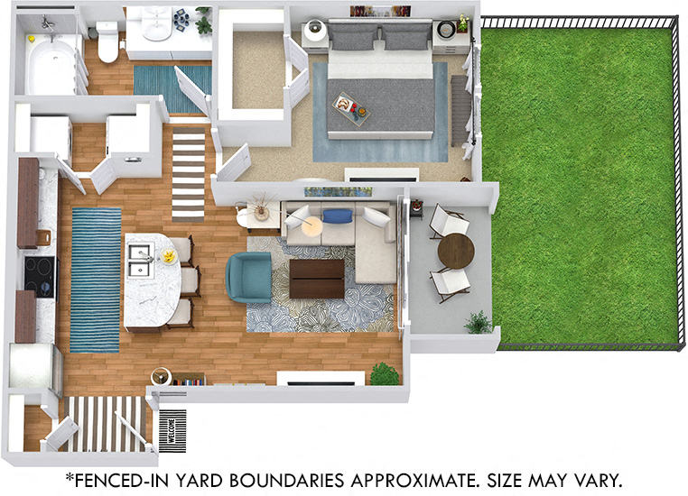 Floor plan for 1 bed, 1 bath, 659 sqft
